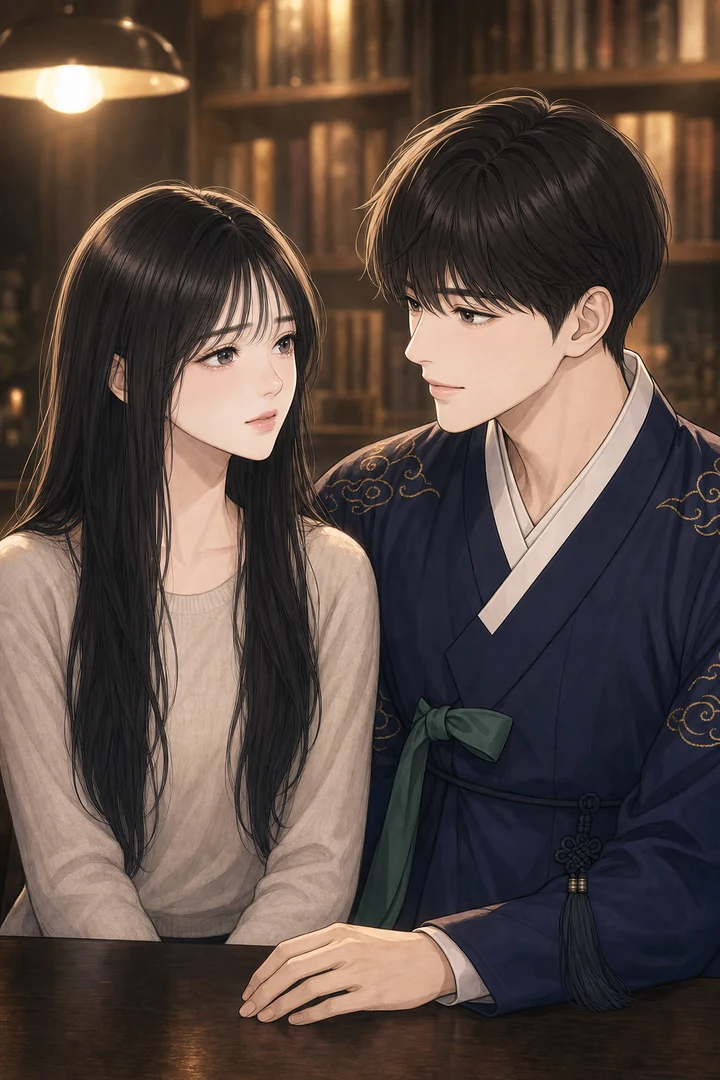 옆자리에 앉아 다정하게 바라보는 한복 차림의 남자와, 눈가가 젖은 여자