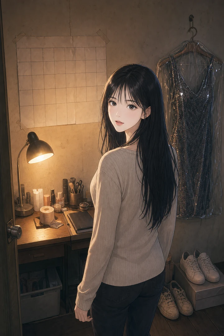 작은 방 옷걸이에 걸린 반짝이는 무대 의상과, 종이를 이어 붙여 만든 벽의 달력