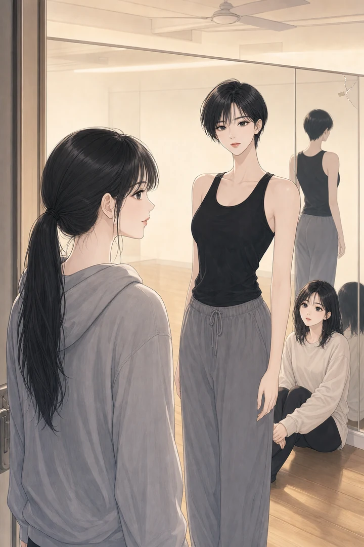 거울 벽 연습실에서 일어선 키 큰 짧은 머리의 여자와 앉아서 올려다보는 눈이 큰 여자