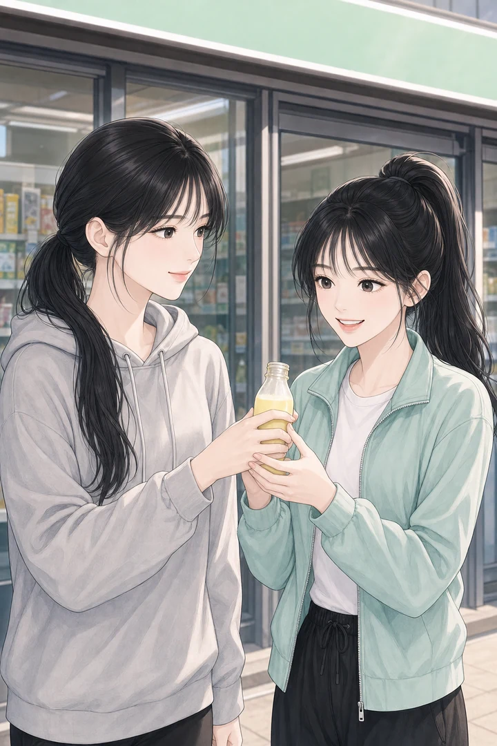 편의점 앞에서 반쯤 마신 우유를 소녀에게 건네는 여자와 웃으며 받는 소녀