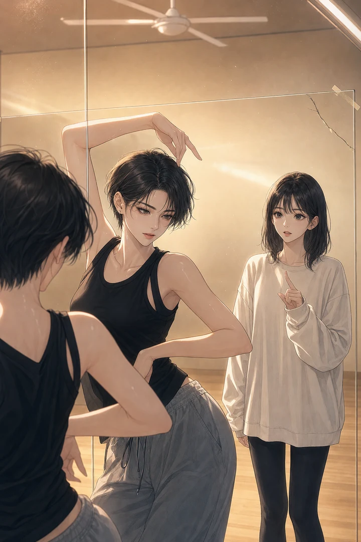 거울을 보며 춤추는 키 큰 여자와 입만 벌려 박자를 세는 눈이 큰 여자