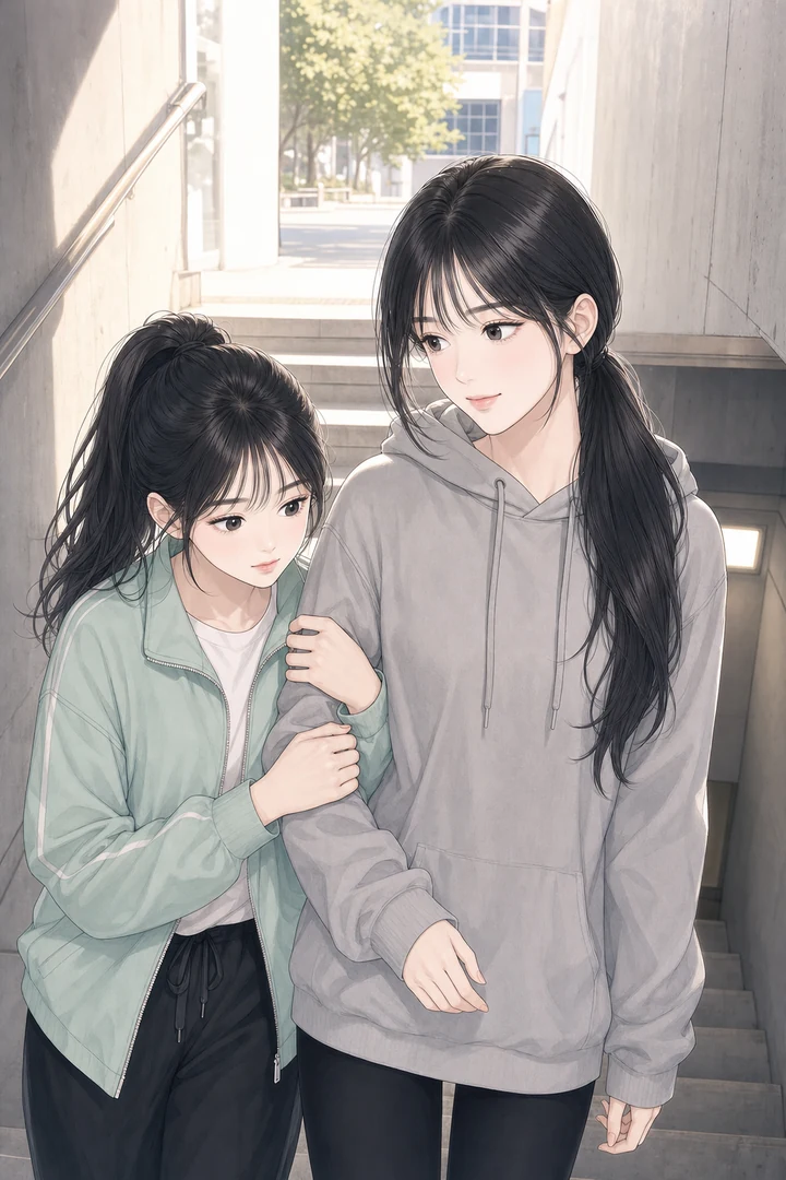 상가 지하로 내려가는 계단에서 여자의 팔을 꽉 붙잡은 소녀