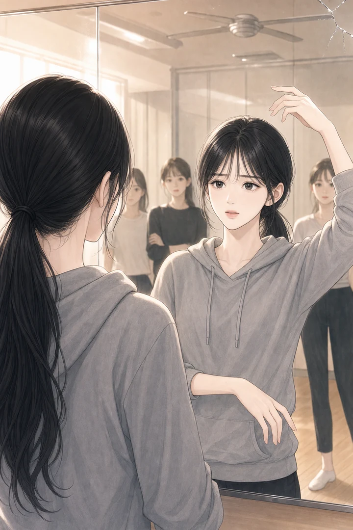 거울 속에서 동작을 틀리고 멈춰 선 채 자신을 바라보는 여자